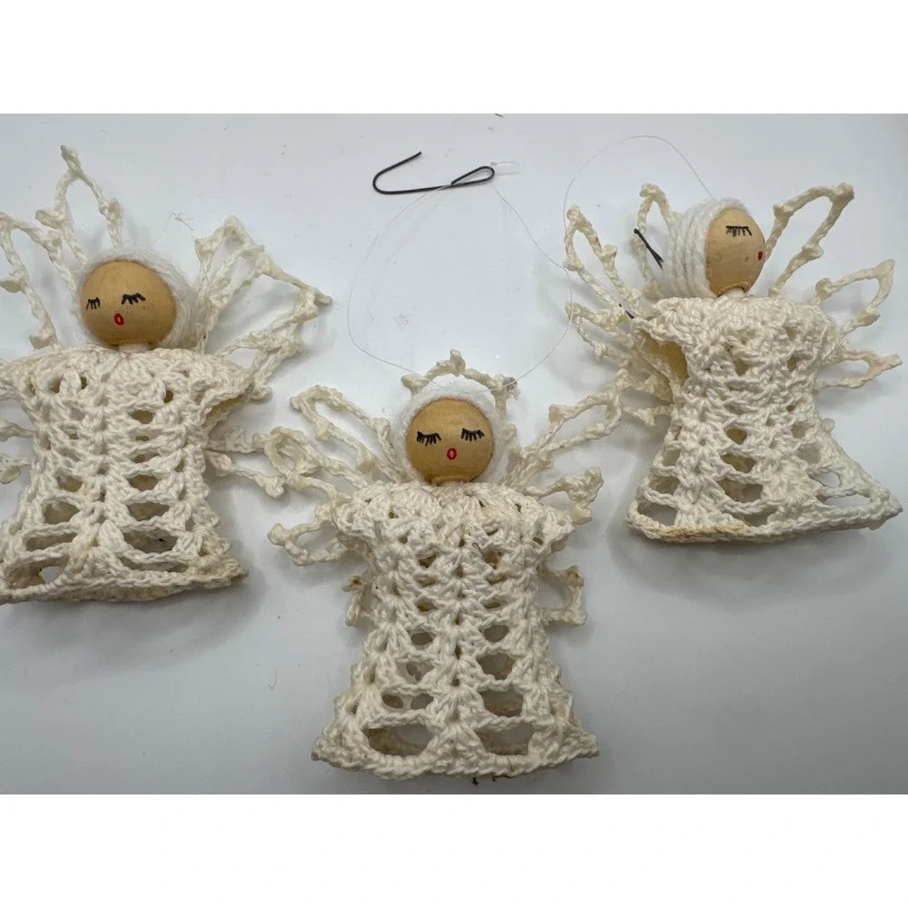 Vintage Handmade Crochet Angel Christmas Ornaments Wood Bead Face Set of 3 Cream